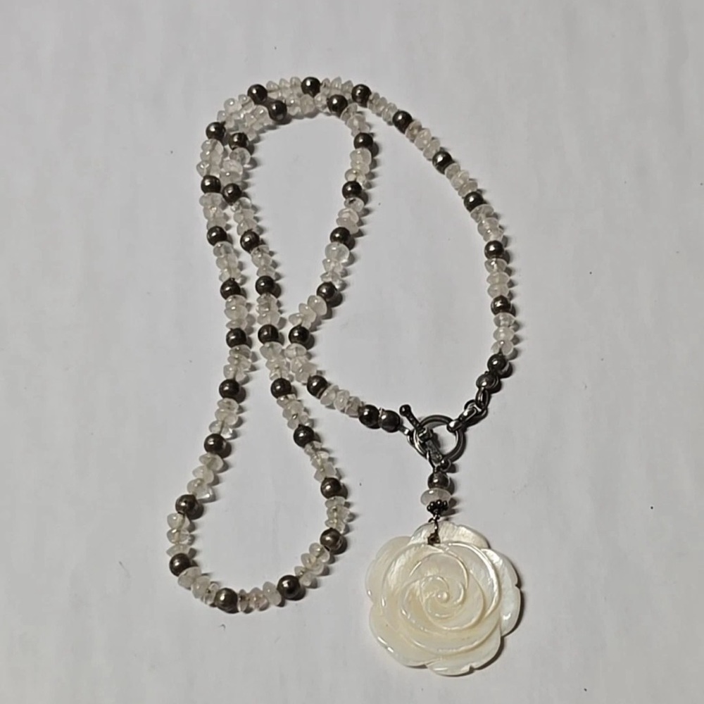 Vintage Sterling Silver Beaded Necklace With Quartz Carved Preal Rose Pendant...